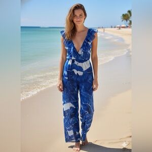 LUXXEL Blue/White Wide Leg Summer Jumpsuit-Size Medium-NWT